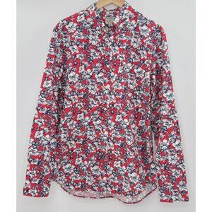J Crew Shirt Red White Blue Floral Organic Cotton Button Up Classic Preppy